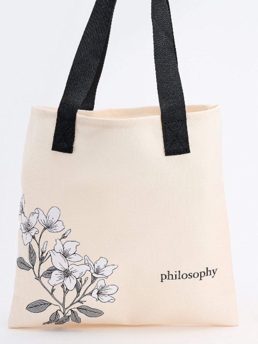 Philosophy Canvas Tote with Black Strap and Floral Print - Cream NEW